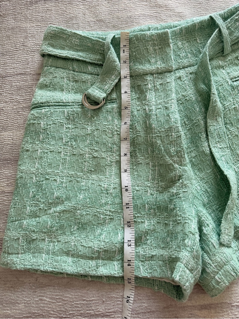 IRO Mint Green Glitter Tweed High-Waist Textured Shorts with Waist Tie, Size 36 - Picture 5 of 10